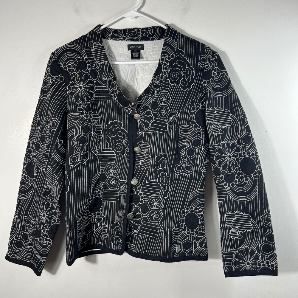 Multiples Cotton Embroidered Quilted Floral Jacket Black White M Cotton